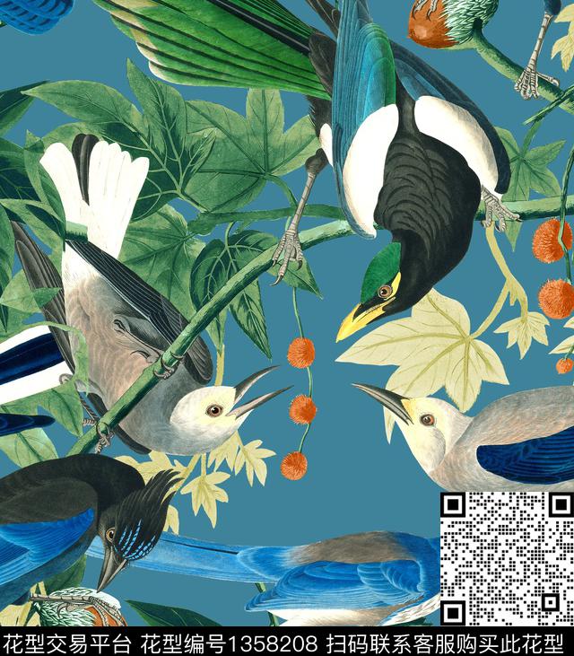 鹦鹉复古植物大鸟数码印花华亿平台下载（图片编号: 1358208） - 瓦栏（Walan）