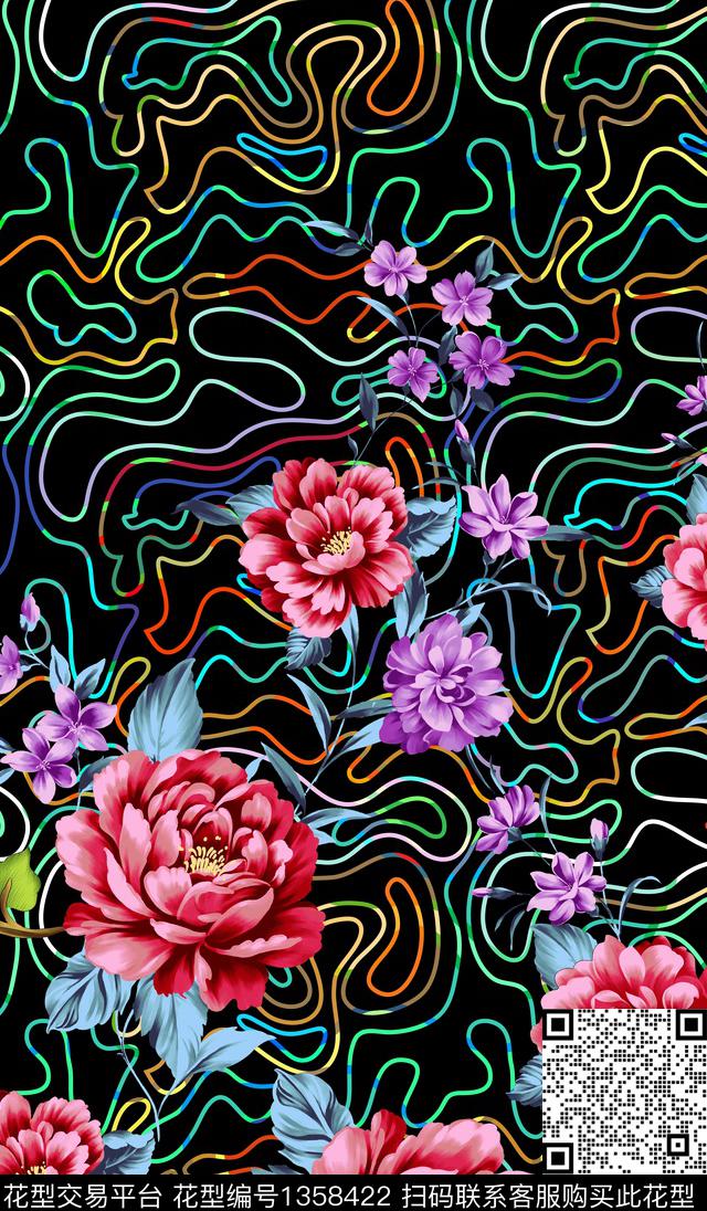 线条定位花花卉数码印花华亿平台下载（图片编号: 1358422） - 瓦栏（Walan）
