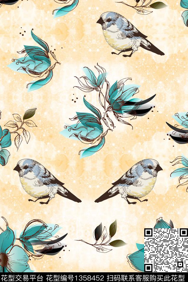 花鸟水彩可爱数码印花华亿平台下载（图片编号: 1358452） - 瓦栏（Walan）