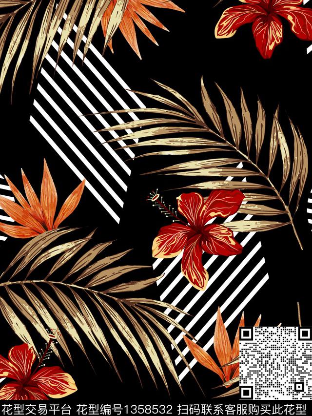 绿植树叶大牌风条纹传统印花华亿平台下载（图片编号: 1358532） - 瓦栏（Walan）