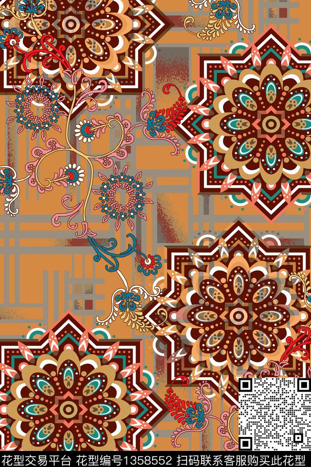 民族风几何底纹花中老年花数码印花华亿平台下载（图片编号: 1358552） - 瓦栏（Walan）
