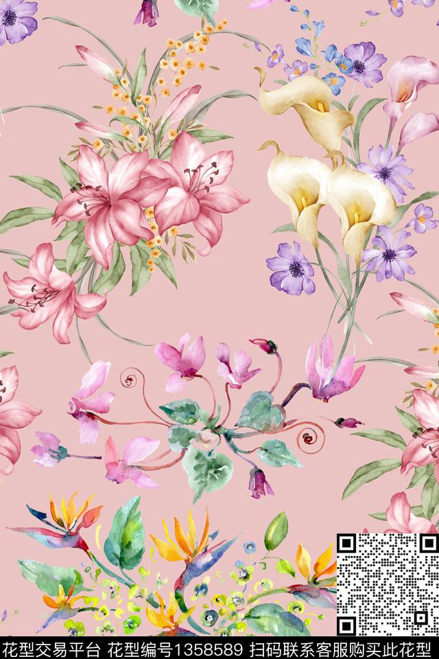 水彩清爽底花卉植物数码印花华亿平台下载（图片编号: 1358589） - 瓦栏（Walan）