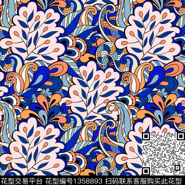 抽象花卉复古民族风数码印花华亿平台下载（图片编号: 1358893） - 瓦栏（Walan）