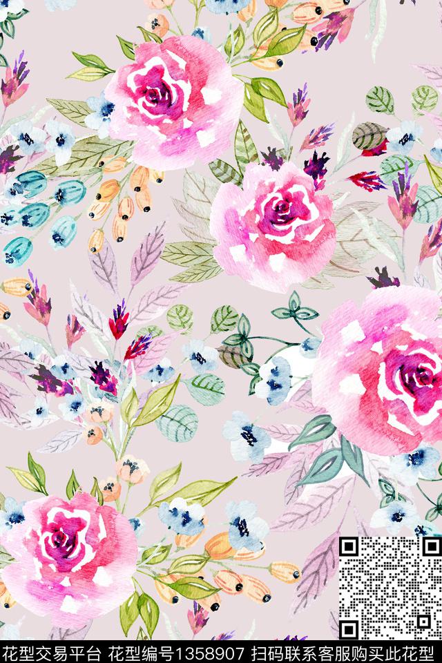 手绘玫瑰水彩花卉清爽数码印花华亿平台下载（图片编号: 1358907） - 瓦栏（Walan）