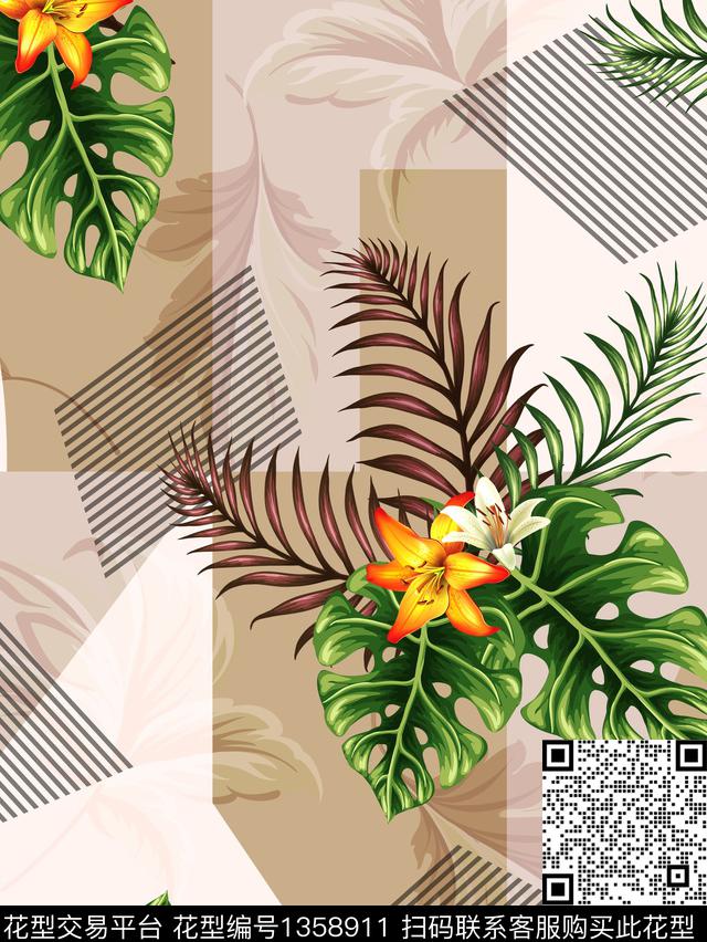 绿植树叶大牌风条纹传统印花华亿平台下载（图片编号: 1358911） - 瓦栏（Walan）