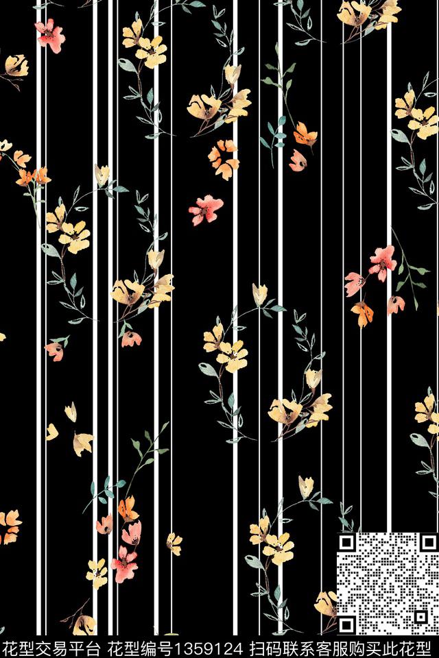 黑底花卉花卉大牌风数码印花华亿平台下载（图片编号: 1359124） - 瓦栏（Walan）