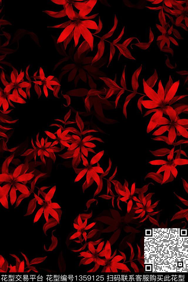 黑底花卉花卉大牌风数码印花华亿平台下载（图片编号: 1359125） - 瓦栏（Walan）