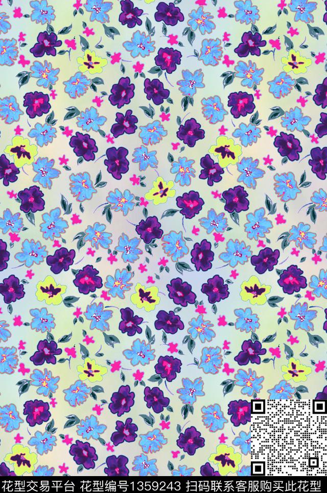 小碎花水彩花卉渐变数码印花华亿平台下载（图片编号: 1359243） - 瓦栏（Walan）