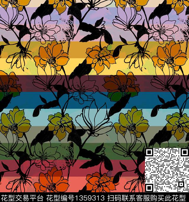 花卉大牌风條紋花数码印花华亿平台下载（图片编号: 1359313） - 瓦栏（Walan）