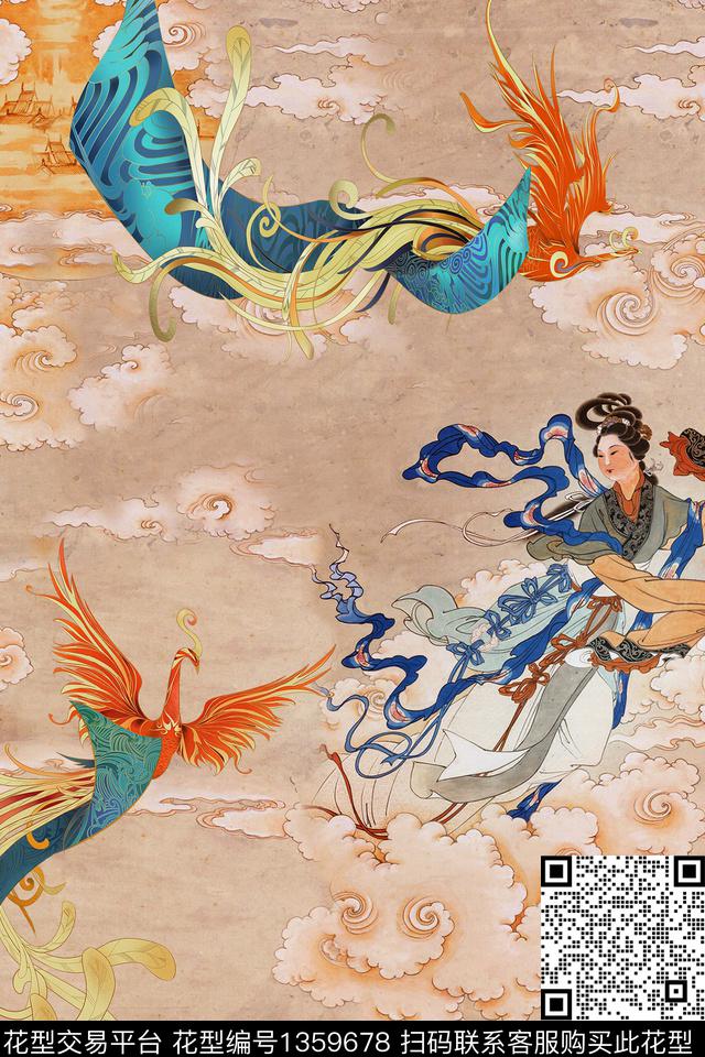 祥云香云纱凤凰数码印花华亿平台下载（图片编号: 1359678） - 瓦栏（Walan）