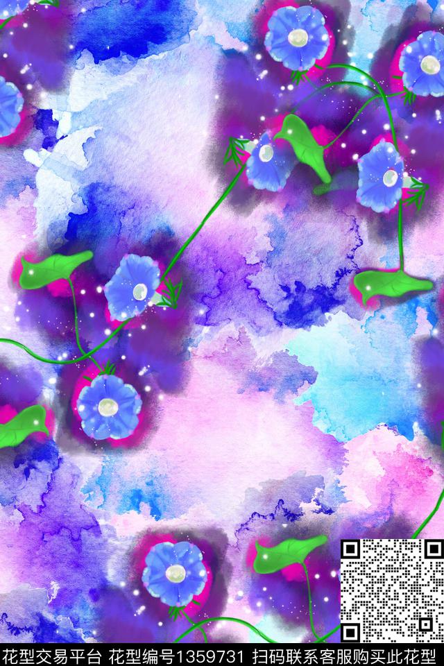 花卉牵牛花水墨水彩数码印花华亿平台下载（图片编号: 1359731） - 瓦栏（Walan）