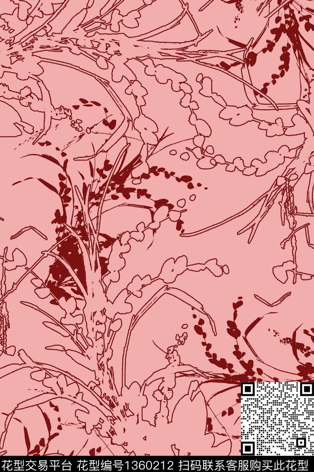 线条笔触花卉传统印花华亿平台下载（图片编号: 1360212） - 瓦栏（Walan）