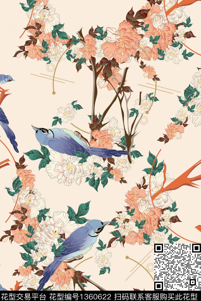 花鸟手绘国潮数码印花华亿平台下载（图片编号: 1360622） - 瓦栏（Walan）