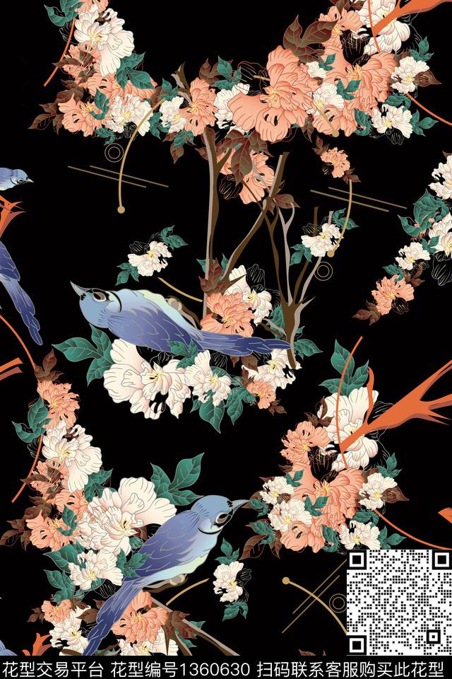 花鸟手绘树枝树叶数码印花华亿平台下载（图片编号: 1360630） - 瓦栏（Walan）