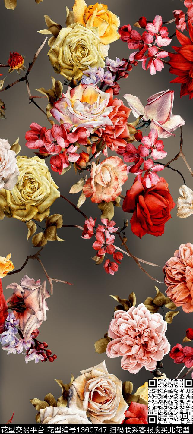 花卉旗袍香云纱数码印花华亿平台下载（图片编号: 1360747） - 瓦栏（Walan）