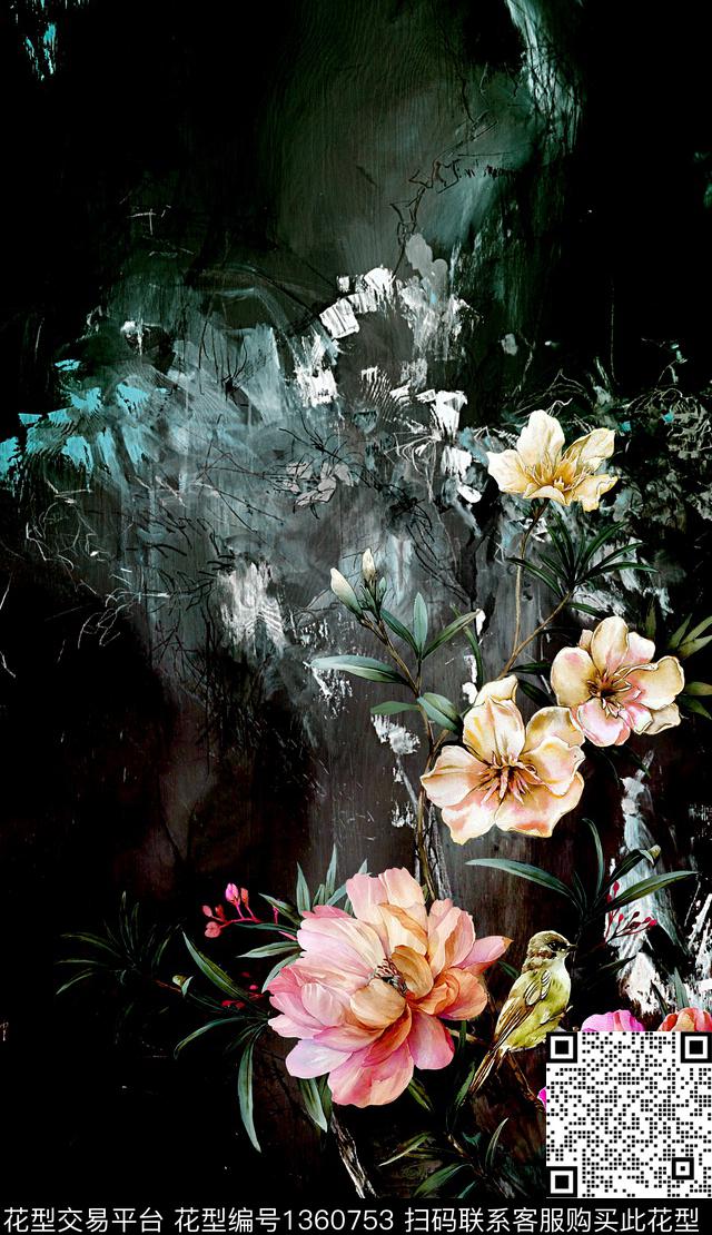 花鸟女装定位花水彩花卉数码印花华亿平台下载（图片编号: 1360753） - 瓦栏（Walan）