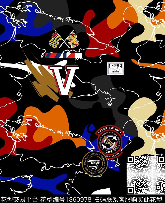 线条定位花迷彩数码印花华亿平台下载（图片编号: 1360978） - 瓦栏（Walan）