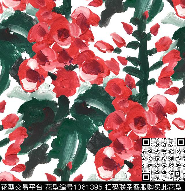 笔触油画华亿平台蜀葵数码印花华亿平台下载（图片编号: 1361395） - 瓦栏（Walan）