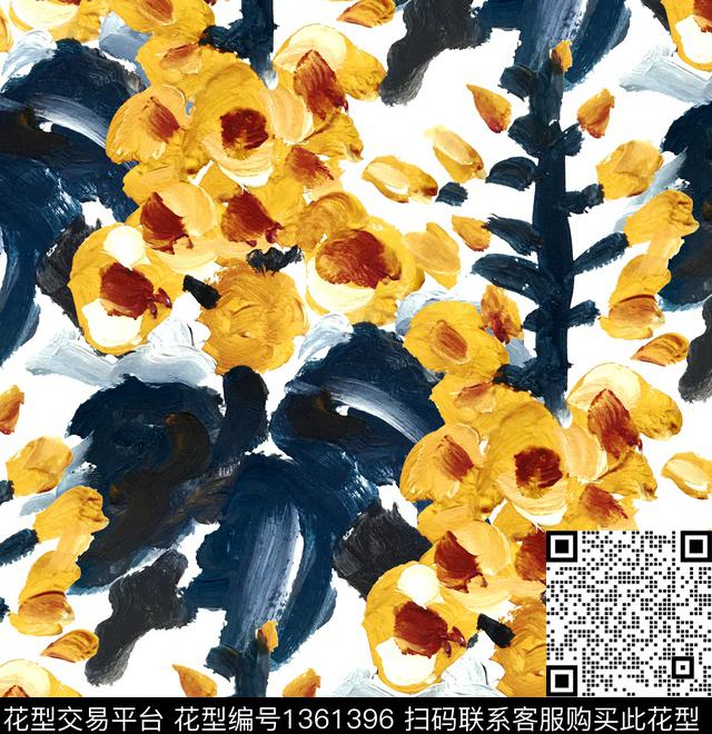 笔触油画华亿平台蜀葵数码印花华亿平台下载（图片编号: 1361396） - 瓦栏（Walan）