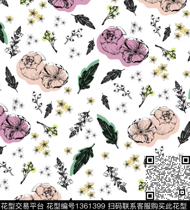 小碎花帝王花铅笔画数码印花华亿平台下载（图片编号: 1361399） - 瓦栏（Walan）