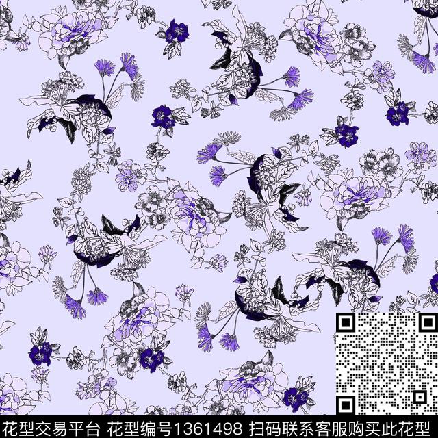 大牌风小清新线条花卉数码印花华亿平台下载（图片编号: 1361498） - 瓦栏（Walan）