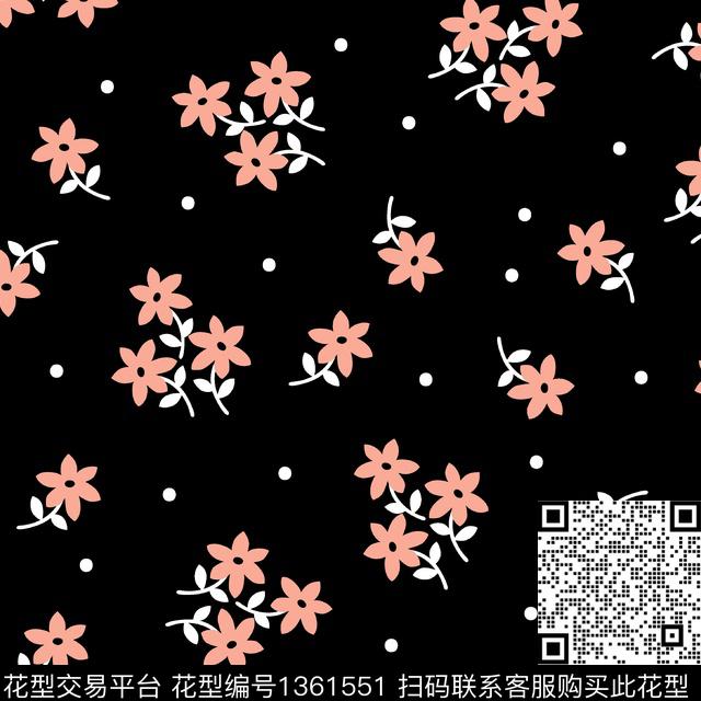 黑底花卉满版散花春夏华亿平台传统印花华亿平台下载（图片编号: 1361551） - 瓦栏（Walan）