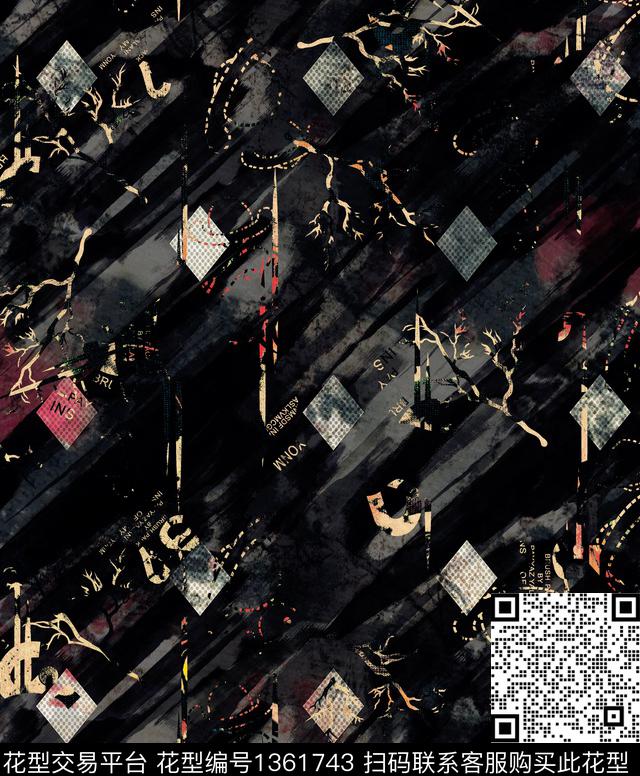 复古抽象男装大牌风数码印花华亿平台下载（图片编号: 1361743） - 瓦栏（Walan）