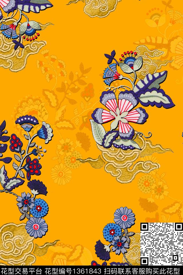 花卉旗袍香云纱数码印花华亿平台下载（图片编号: 1361843） - 瓦栏（Walan）