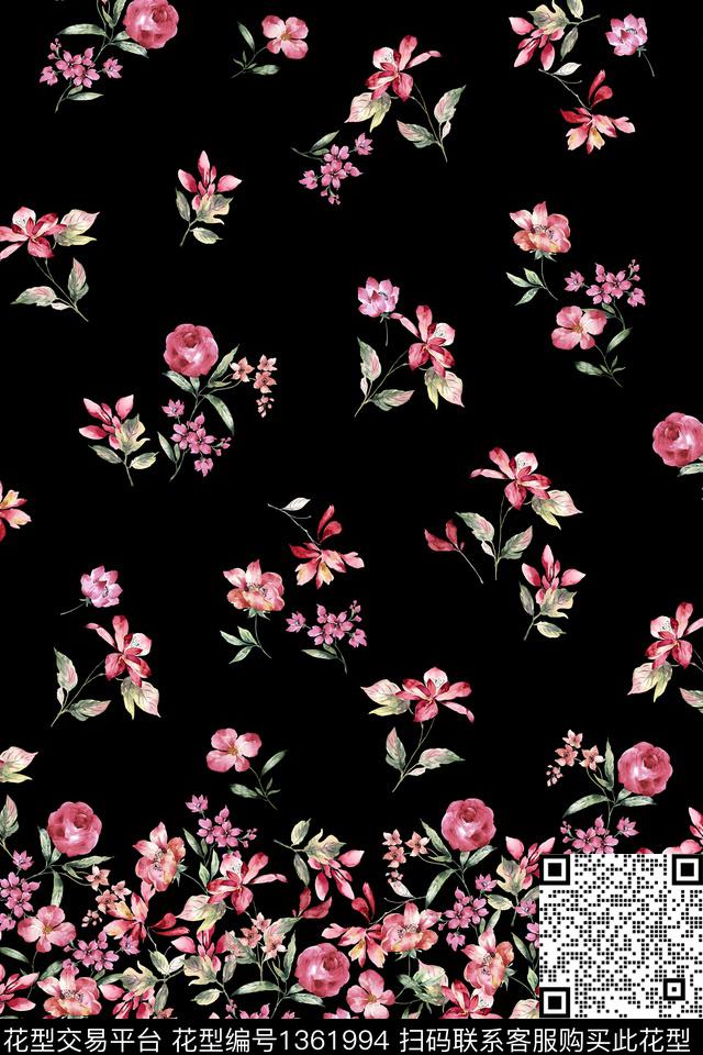 黑底花卉定位花花卉数码印花华亿平台下载（图片编号: 1361994） - 瓦栏（Walan）