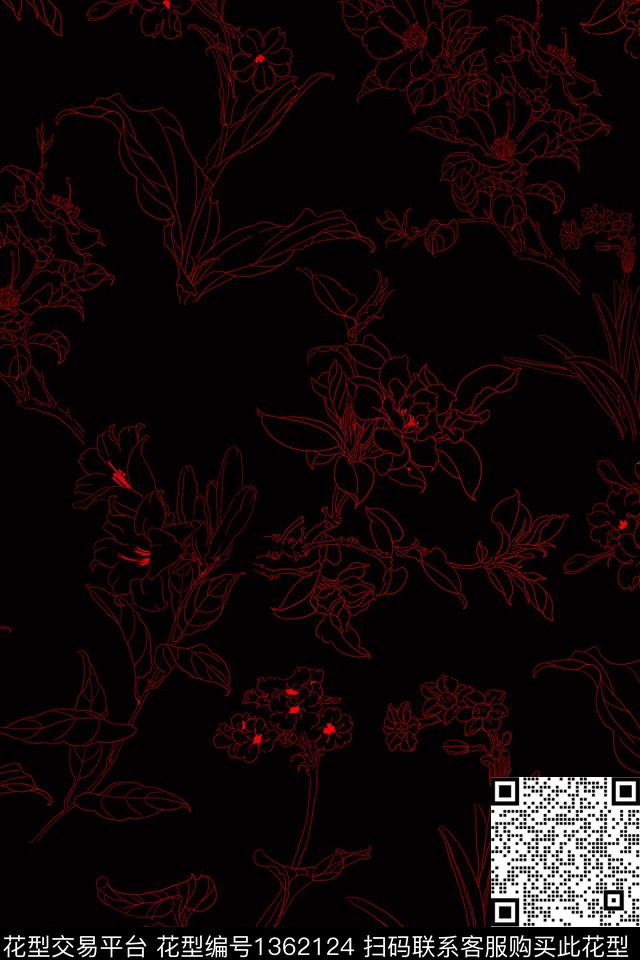 线条画花卉手绘数码印花华亿平台下载（图片编号: 1362124） - 瓦栏（Walan）