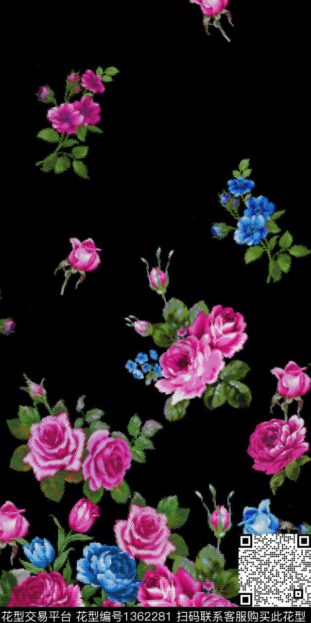 马赛克黑底花卉定位花数码印花华亿平台下载（图片编号: 1362281） - 瓦栏（Walan）