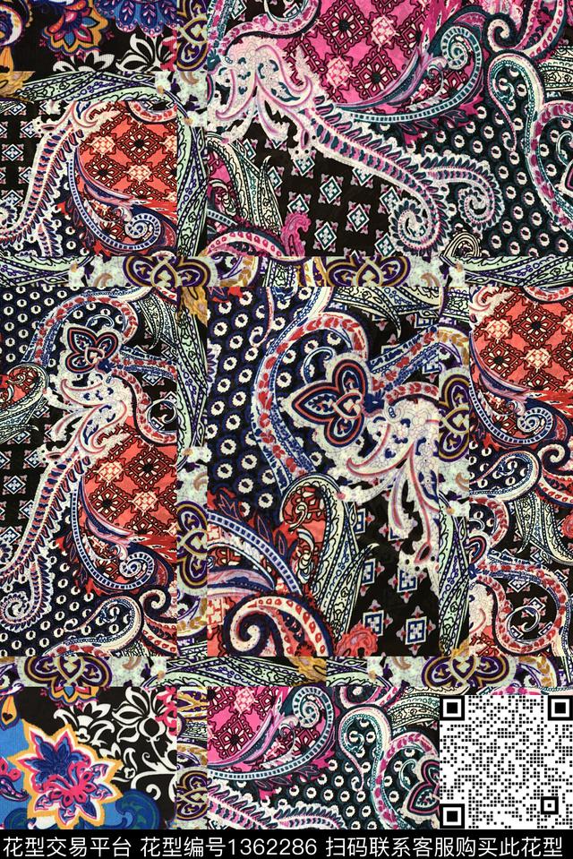 佩斯利民族风混合拼接数码印花华亿平台下载（图片编号: 1362286） - 瓦栏（Walan）
