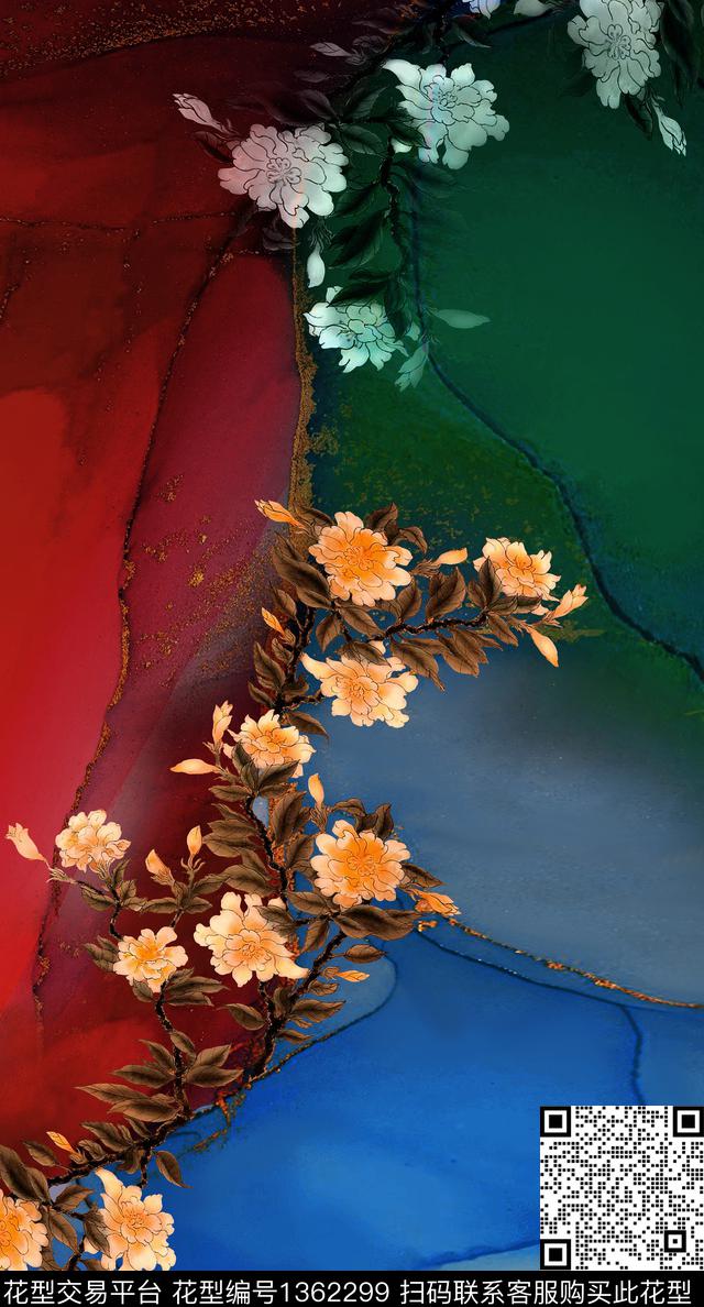 中国风定位花真丝复古旗袍花数码印花华亿平台下载（图片编号: 1362299） - 瓦栏（Walan）