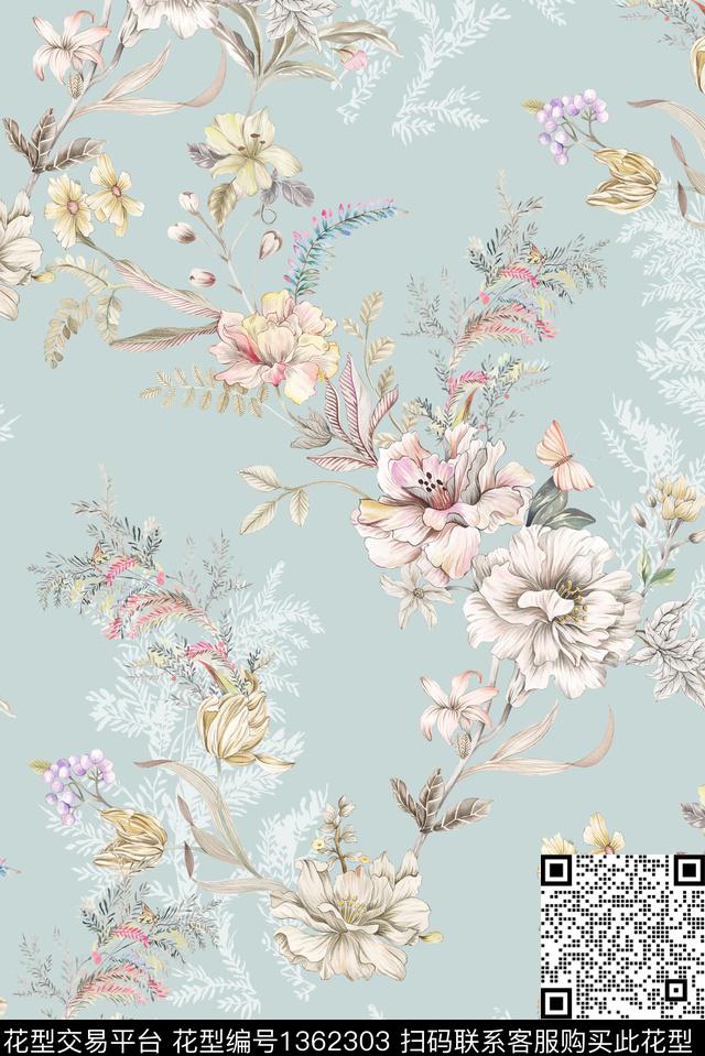 抽象花卉复古大牌风数码印花华亿平台下载（图片编号: 1362303） - 瓦栏（Walan）