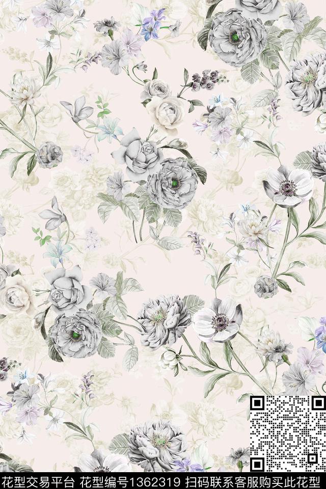 抽象花卉复古大牌风数码印花华亿平台下载（图片编号: 1362319） - 瓦栏（Walan）