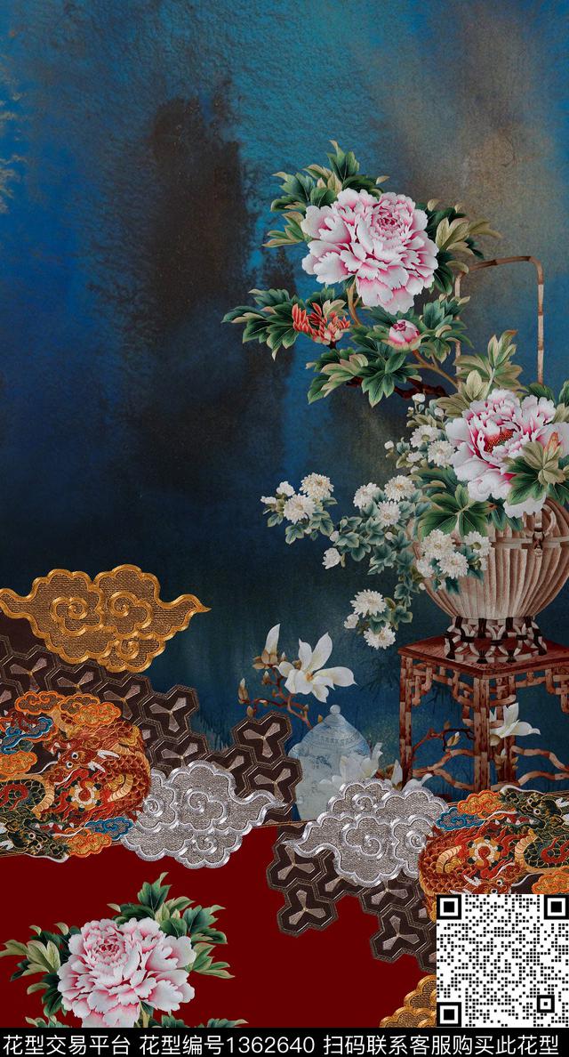 中国风定位花真丝复古旗袍花数码印花华亿平台下载（图片编号: 1362640） - 瓦栏（Walan）