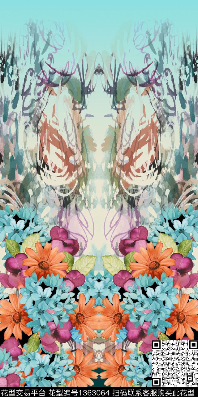 花卉对称花定位花数码印花华亿平台下载（图片编号: 1363064） - 瓦栏（Walan）