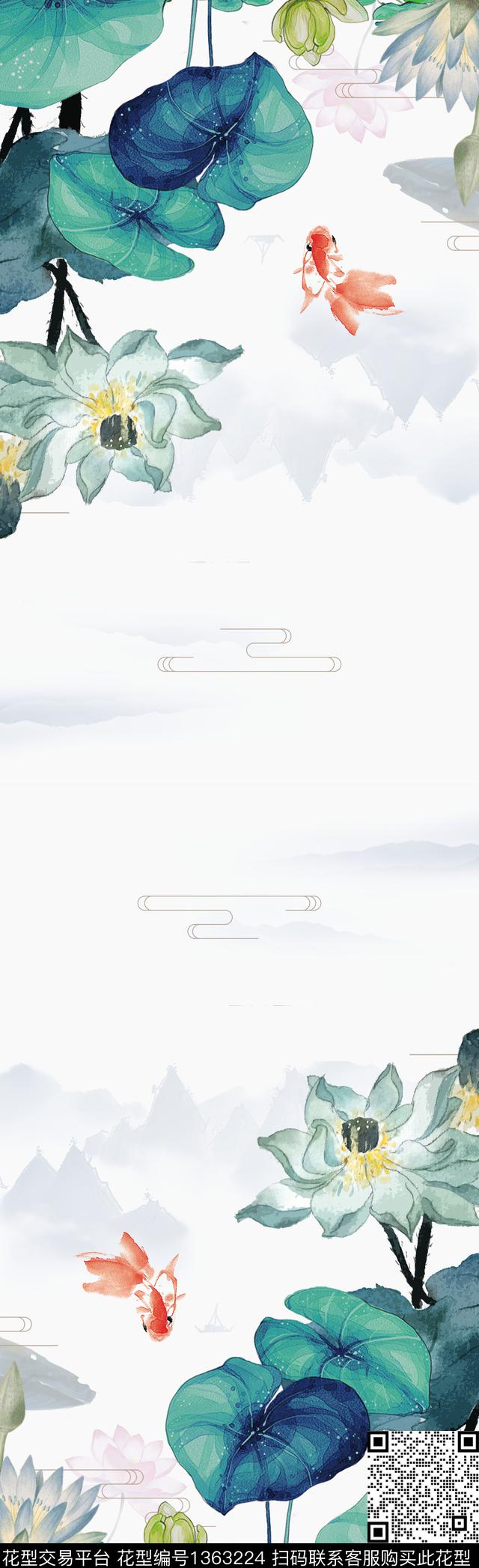 荷花山鱼数码印花华亿平台下载（图片编号: 1363224） - 瓦栏（Walan）