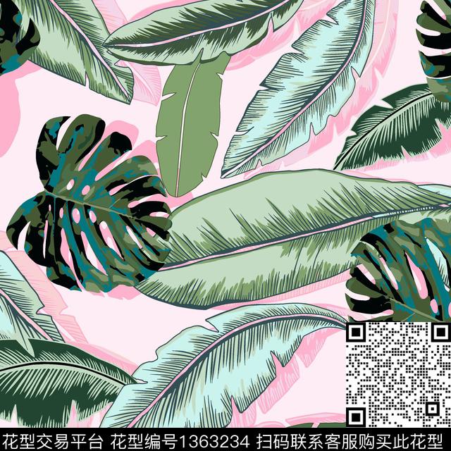 绿植树叶大牌风热带华亿平台传统印花华亿平台下载（图片编号: 1363234） - 瓦栏（Walan）