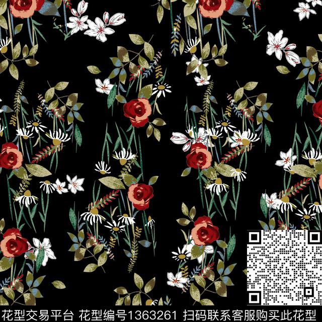 黑底花卉树枝满版散花数码印花华亿平台下载（图片编号: 1363261） - 瓦栏（Walan）