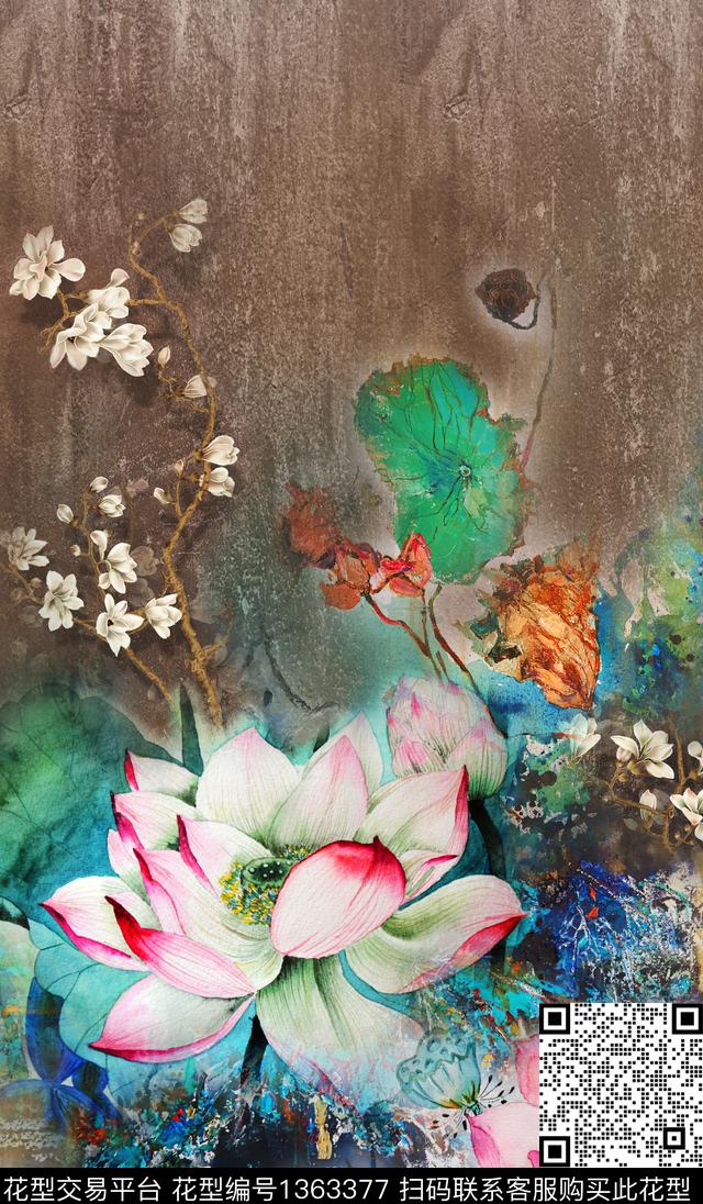 荷花定位花大牌风数码印花华亿平台下载（图片编号: 1363377） - 瓦栏（Walan）