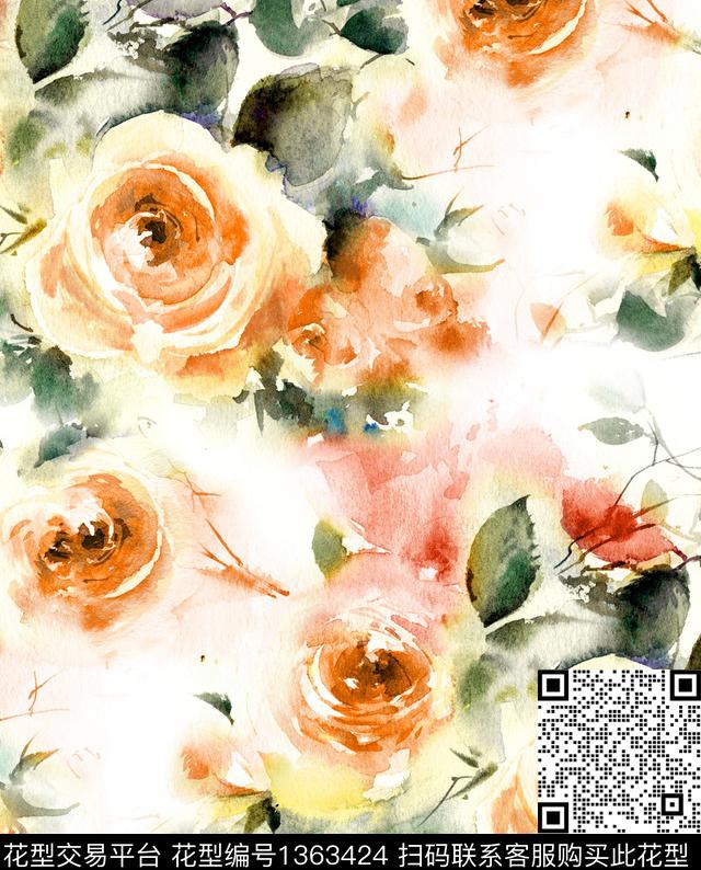 大牌风手绘玫瑰paintingrose数码印花华亿平台下载（图片编号: 1363424） - 瓦栏（Walan）