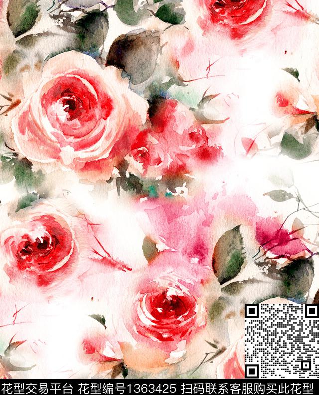 大牌风手绘玫瑰paintingrose数码印花华亿平台下载（图片编号: 1363425） - 瓦栏（Walan）