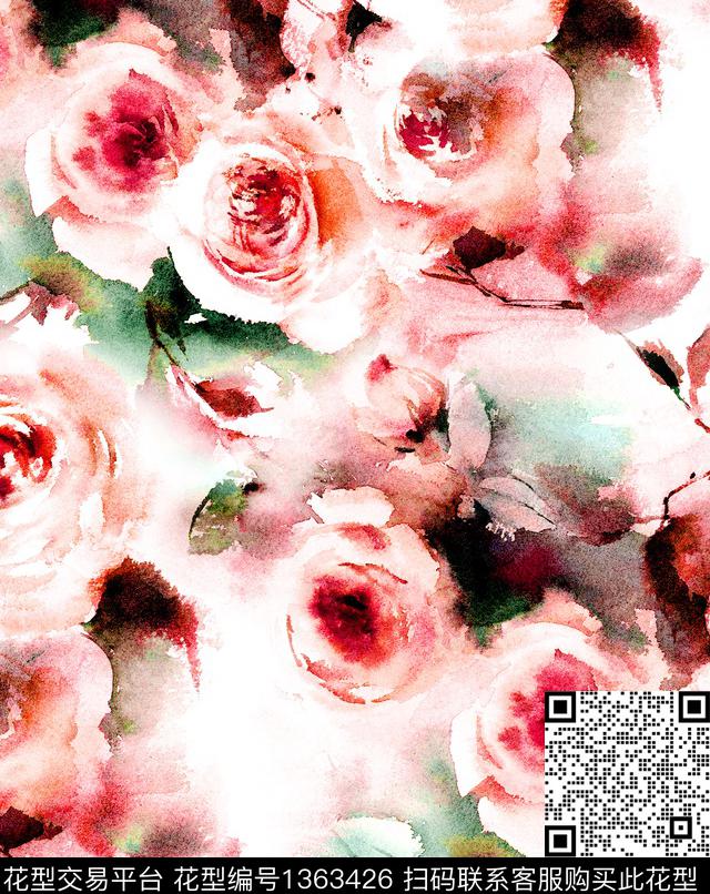 大牌风手绘玫瑰paintingrose数码印花华亿平台下载（图片编号: 1363426） - 瓦栏（Walan）