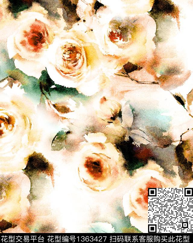 大牌风手绘玫瑰paintingrose数码印花华亿平台下载（图片编号: 1363427） - 瓦栏（Walan）