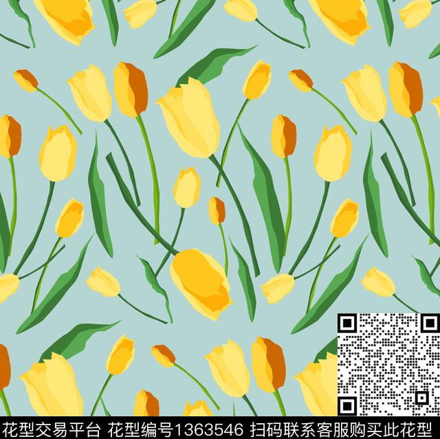 郁金香手绘花卉poppy数码印花华亿平台下载（图片编号: 1363546） - 瓦栏（Walan）