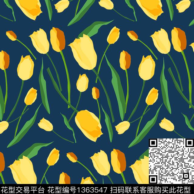 大牌风郁金香手绘花卉数码印花华亿平台下载（图片编号: 1363547） - 瓦栏（Walan）