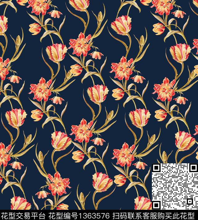 大牌风郁金香手绘花卉数码印花华亿平台下载（图片编号: 1363576） - 瓦栏（Walan）