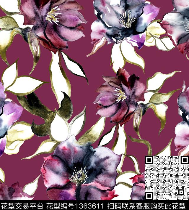 手绘花卉poppy玉兰花数码印花华亿平台下载（图片编号: 1363611） - 瓦栏（Walan）