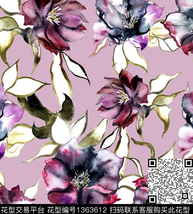 大牌风郁金香手绘花卉数码印花华亿平台下载（图片编号: 1363612） - 瓦栏（Walan）